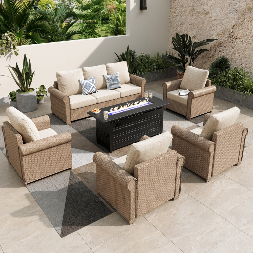 Phi Villa Outdoor Classic Garden Wicker Conversation Sofa Set with Fire Pit Table