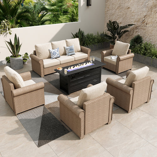 Phi Villa Outdoor Classic Garden Wicker Conversation Sofa Set with Fire Pit Table