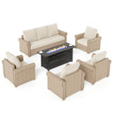 Phi Villa Outdoor Classic Garden Wicker Conversation Sofa Set with Fire Pit Table