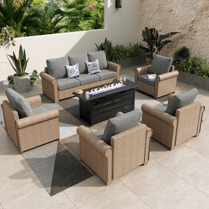 Phi Villa Outdoor Classic Garden Wicker Conversation Sofa Set with Fire Pit Table