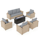 Phi Villa Outdoor Classic Garden Wicker Conversation Sofa Set with Fire Pit Table