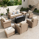 Phi Villa Outdoor Classic Garden Wicker Conversation Sofa Set with Fire Pit Table