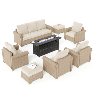 Phi Villa Outdoor Classic Garden Wicker Conversation Sofa Set with Fire Pit Table