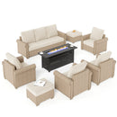 Phi Villa Outdoor Classic Garden Wicker Conversation Sofa Set with Fire Pit Table