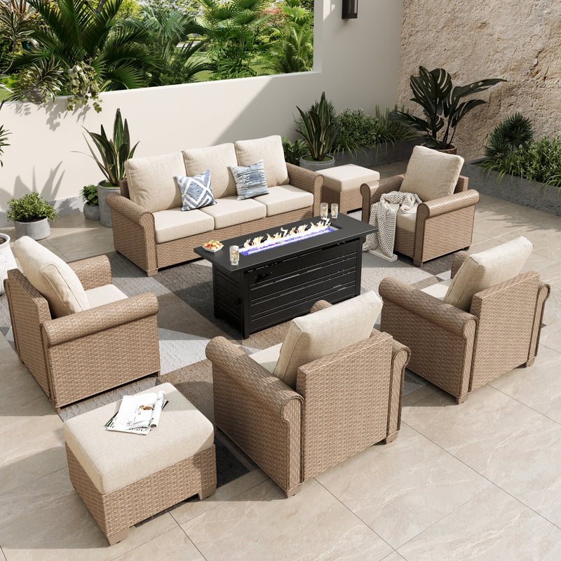 Phi Villa Outdoor Classic Garden Wicker Conversation Sofa Set with Fire Pit Table