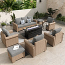 Phi Villa Outdoor Classic Garden Wicker Conversation Sofa Set with Fire Pit Table