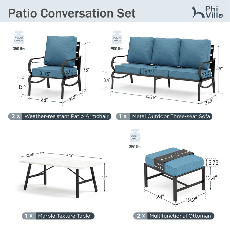 Phi Villa 7-Seater Patio Steel Conversation Sofa Set With Coffee Table & Ottomans