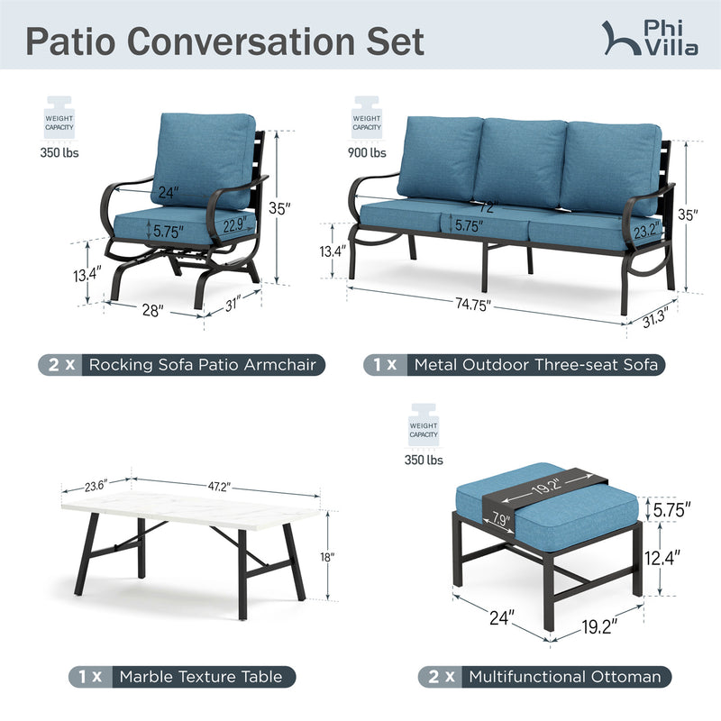 Phi Villa 7-Seater Patio Steel Conversation Sofa Set With Coffee Table & Ottomans