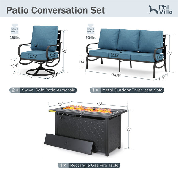 5-Seater Patio Metal Wave Sofa Set with Fire Pit Table