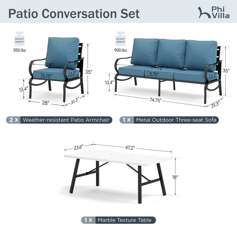 Phi Villa 5-Seater Patio Steel Sofa Set With Cushions & Coffee Table
