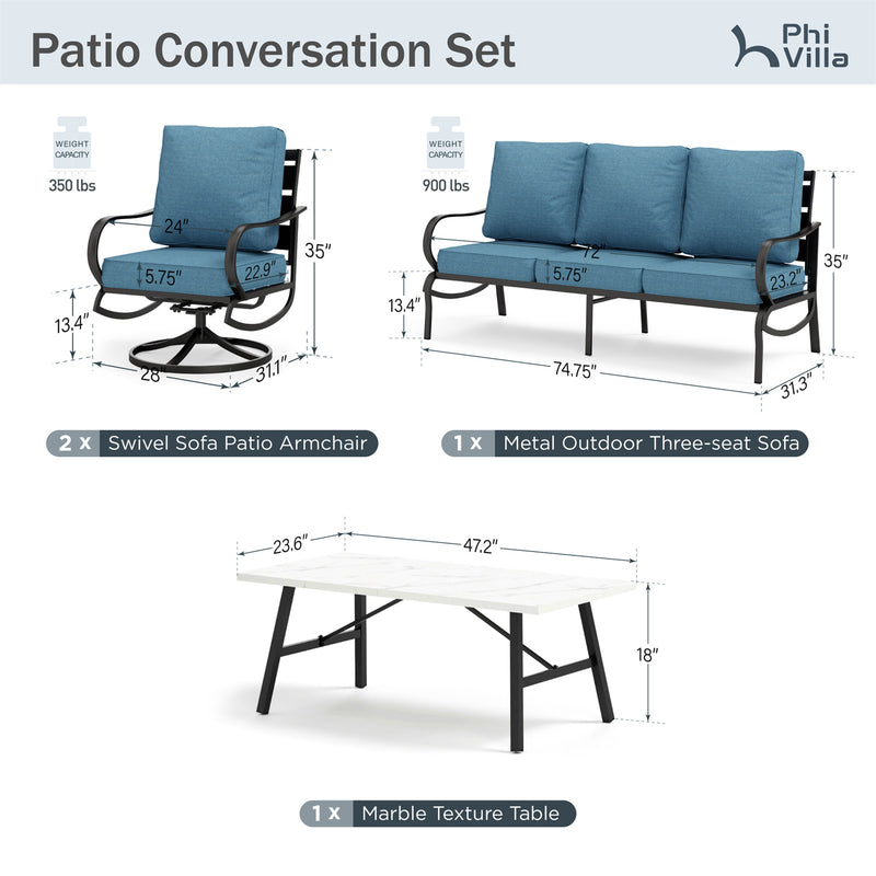 Phi Villa 5-Seater Patio Steel Sofa Set With Cushions & Coffee Table