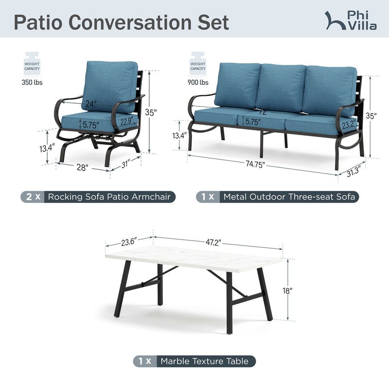 Phi Villa 5-Seater Patio Steel Sofa Set With Cushions & Coffee Table