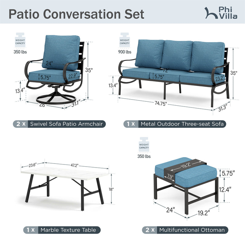 Phi Villa 7-Seater Patio Steel Conversation Sofa Set With Coffee Table & Ottomans