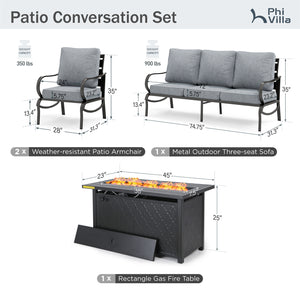 5-Seater Patio Metal Wave Sofa Set with Fire Pit Table