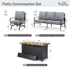 5-Seater Patio Metal Wave Sofa Set with Fire Pit Table