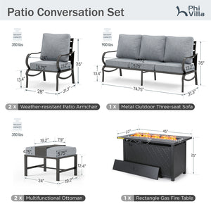 7-Seater Patio Metal Wave Sofa Sets with Fire Pit Table
