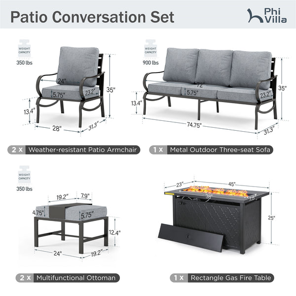 7-Seater Patio Metal Wave Sofa Sets with Fire Pit Table