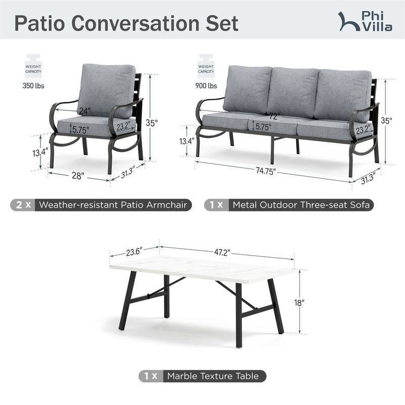 Phi Villa 5-Seater Patio Steel Sofa Set With Cushions & Coffee Table