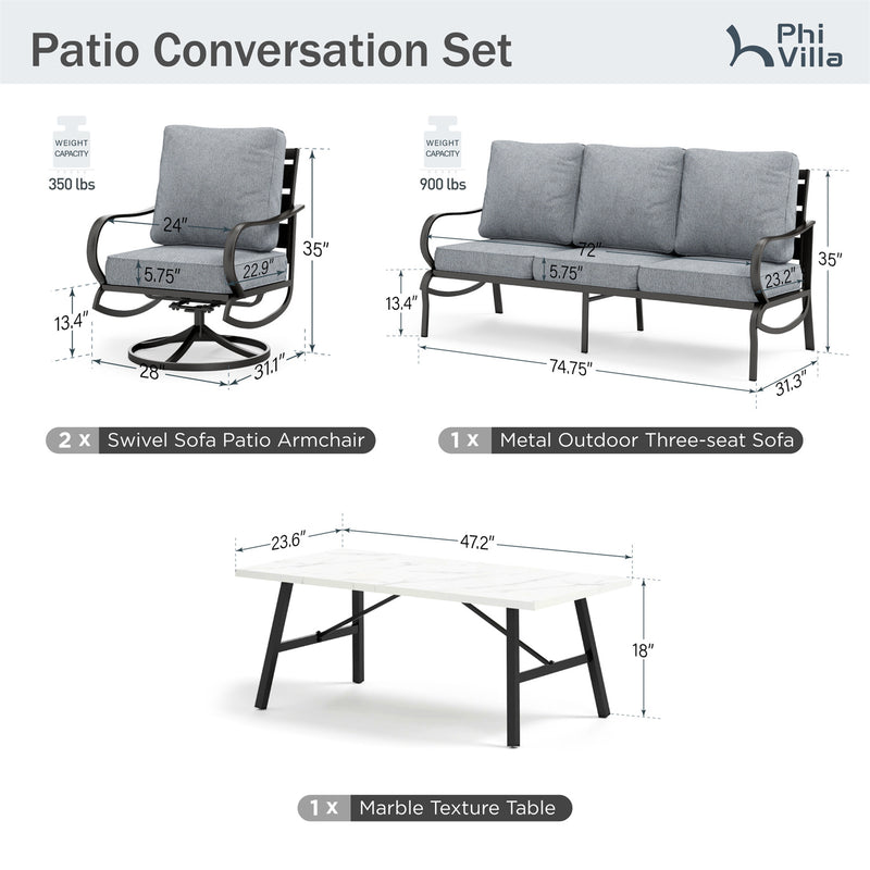 Phi Villa 5-Seater Patio Steel Sofa Set With Cushions & Coffee Table