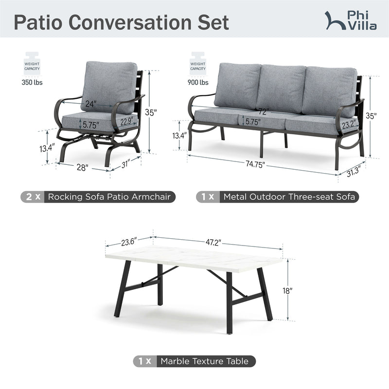 Phi Villa 5-Seater Patio Steel Sofa Set With Cushions & Coffee Table
