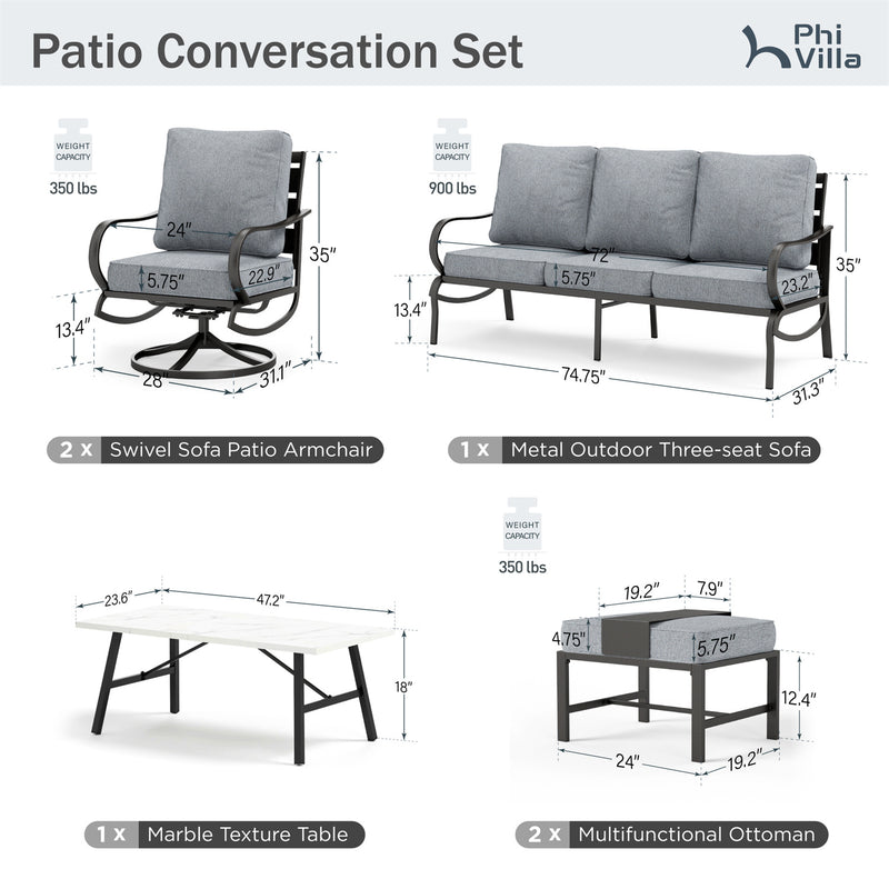Phi Villa 7-Seater Patio Steel Conversation Sofa Set With Coffee Table & Ottomans