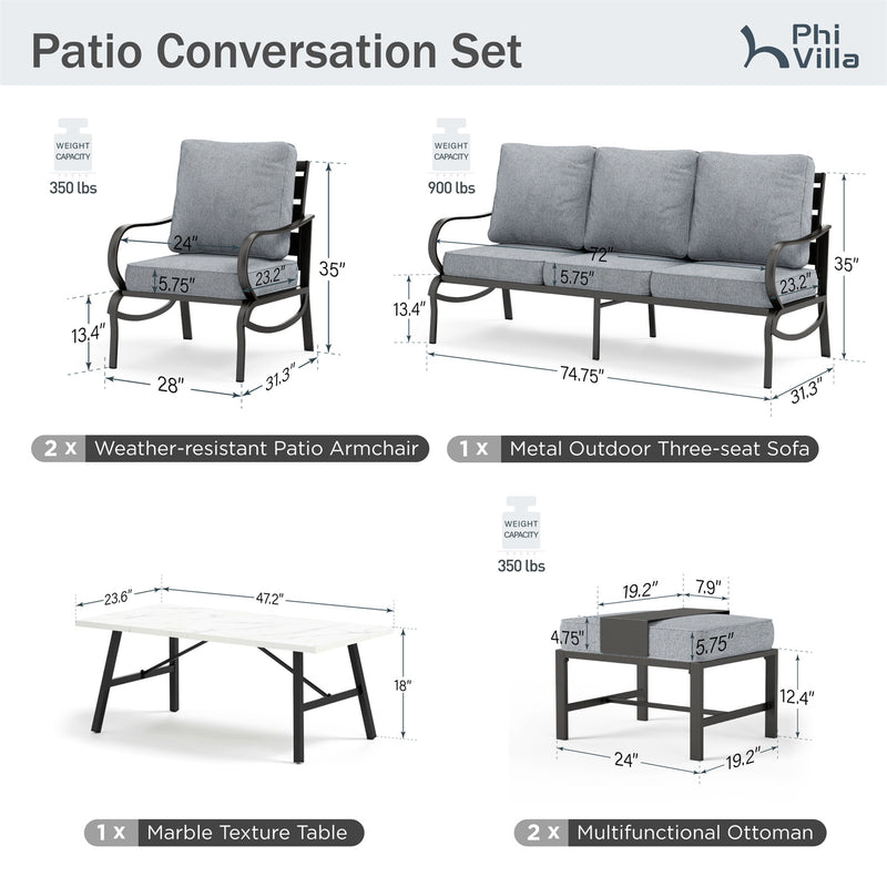 Phi Villa 7-Seater Patio Steel Conversation Sofa Set With Coffee Table & Ottomans