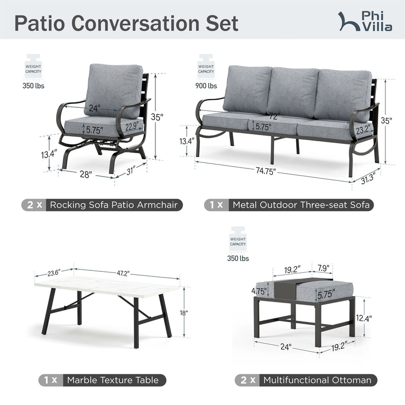 Phi Villa 7-Seater Patio Steel Conversation Sofa Set With Coffee Table & Ottomans