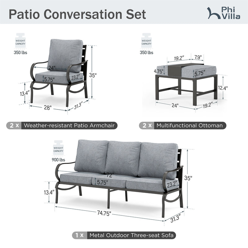 Phi Villa 7-Seater Outdoor Steel Sofa with Multi-functional Ottomans