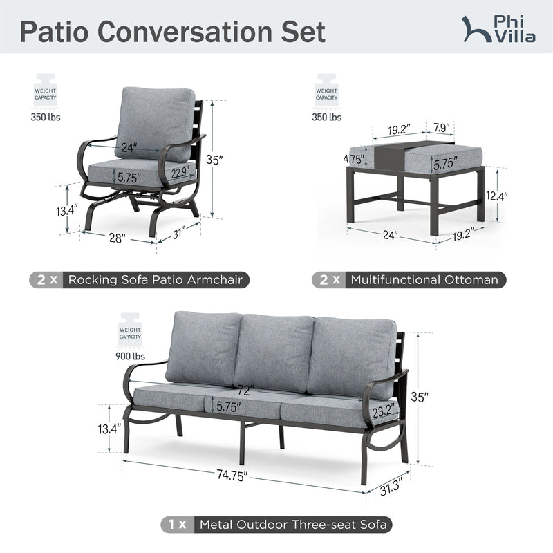 Phi Villa 7-Seater Patio Steel Sofa with Multi-functional Ottomans