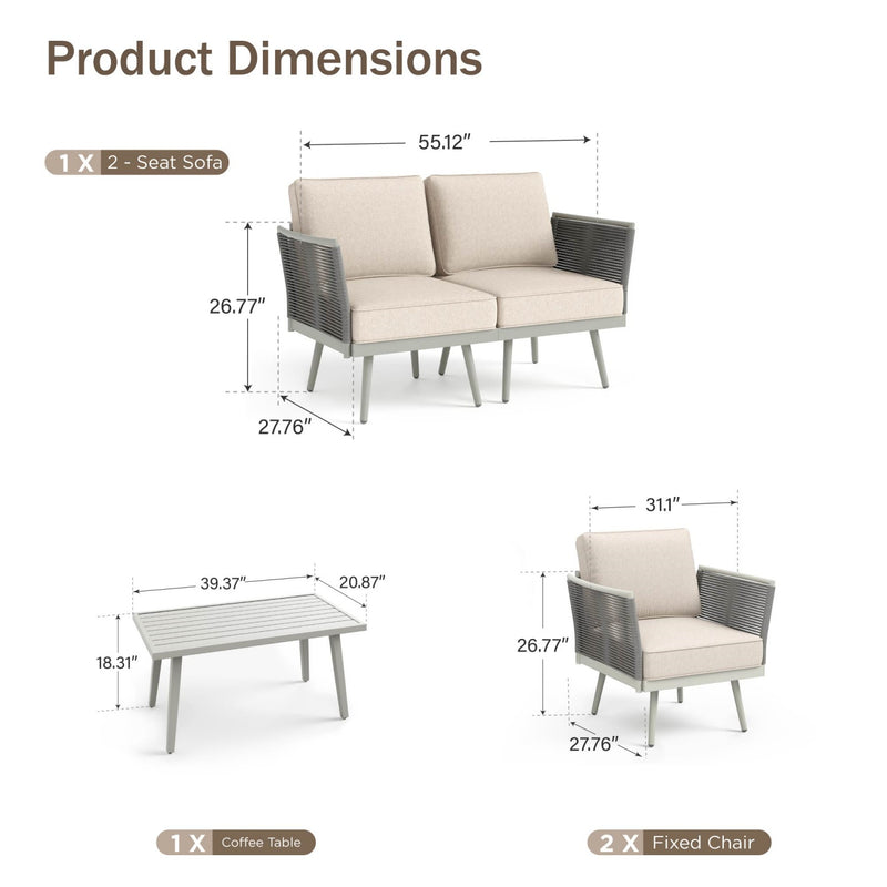 Phi Villa Patio Modern Metal and Rope Rattan Conversation Sofa Set with Coffee Table