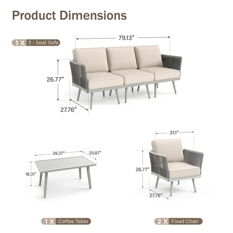 Phi Villa Patio Modern Metal and Rope Rattan Conversation Sofa Set with Coffee Table