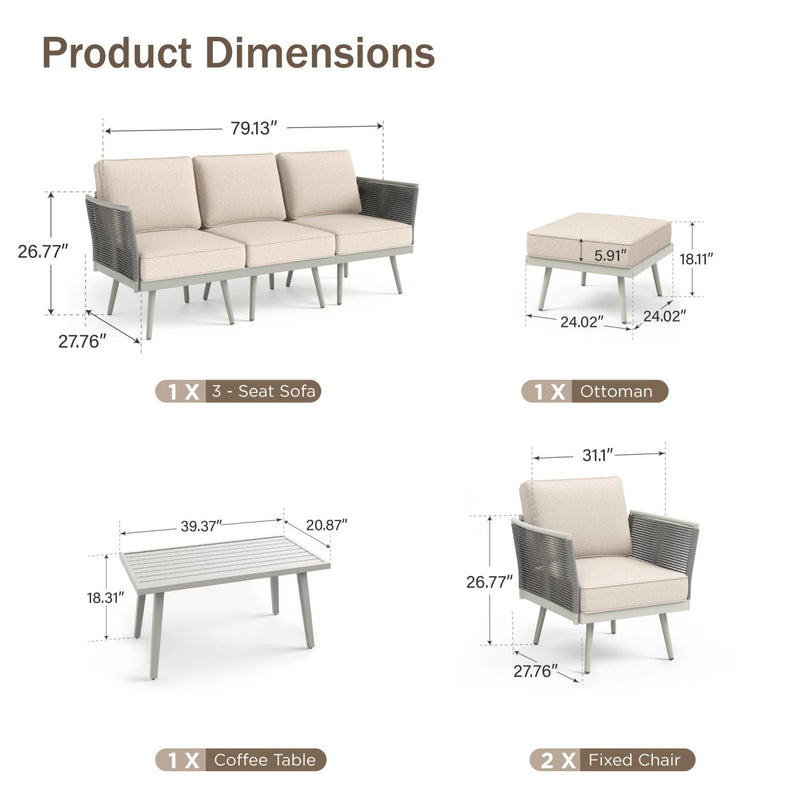 Phi Villa Patio Modern Metal and Rope Rattan Conversation Sofa Set with Coffee Table