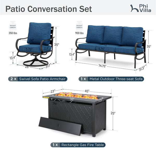 5-Seater Patio Metal Wave Sofa Set with Fire Pit Table