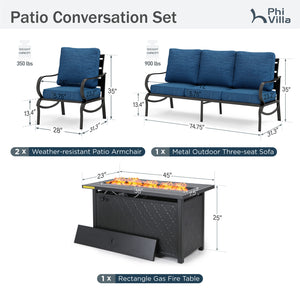 5-Seater Patio Metal Wave Sofa Set with Fire Pit Table
