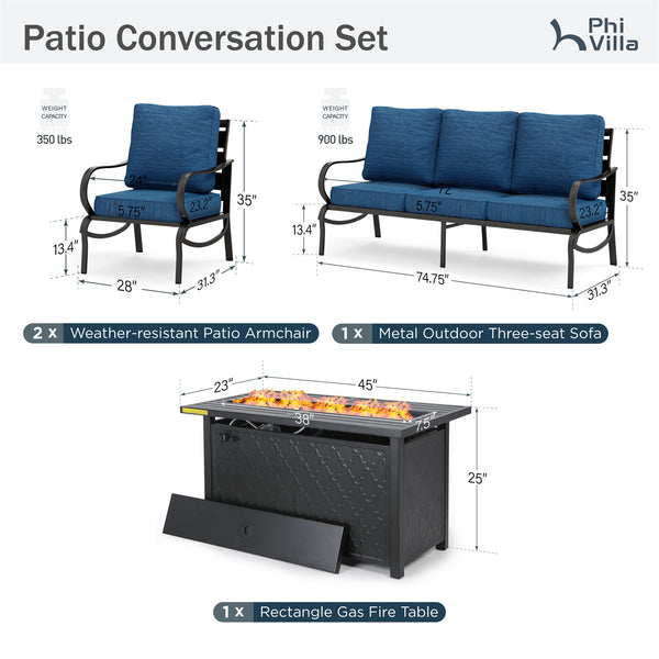 5-Seater Patio Metal Wave Sofa Set with Fire Pit Table