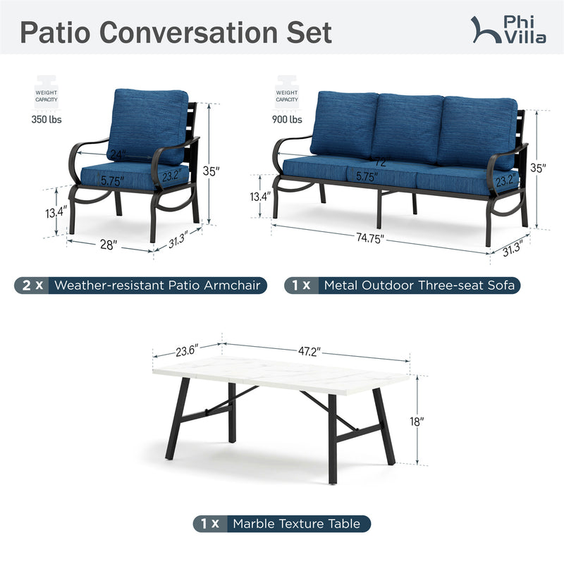 Phi Villa 5-Seater Patio Steel Sofa Set With Cushions & Coffee Table