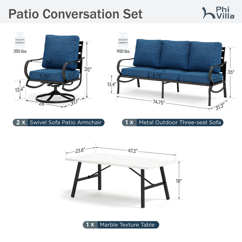 Phi Villa 5-Seater Patio Steel Sofa Set With Cushions & Coffee Table