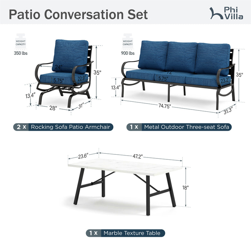 Phi Villa 5-Seater Patio Steel Sofa Set With Cushions & Coffee Table