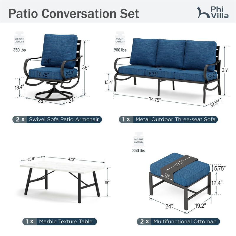 Phi Villa 7-Seater Patio Steel Conversation Sofa Set With Coffee Table & Ottomans