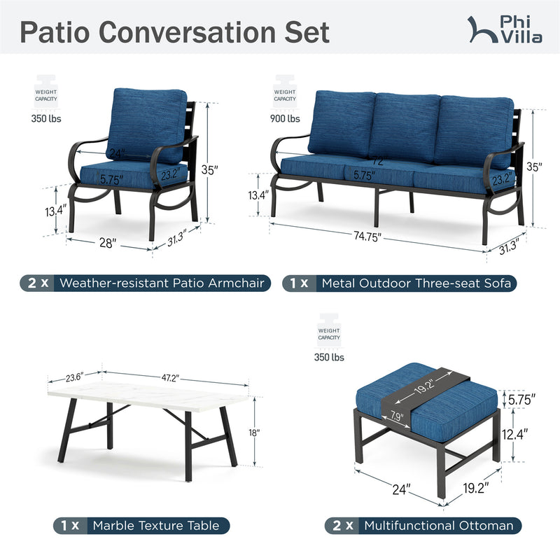 Phi Villa 7-Seater Patio Steel Conversation Sofa Set With Coffee Table & Ottomans