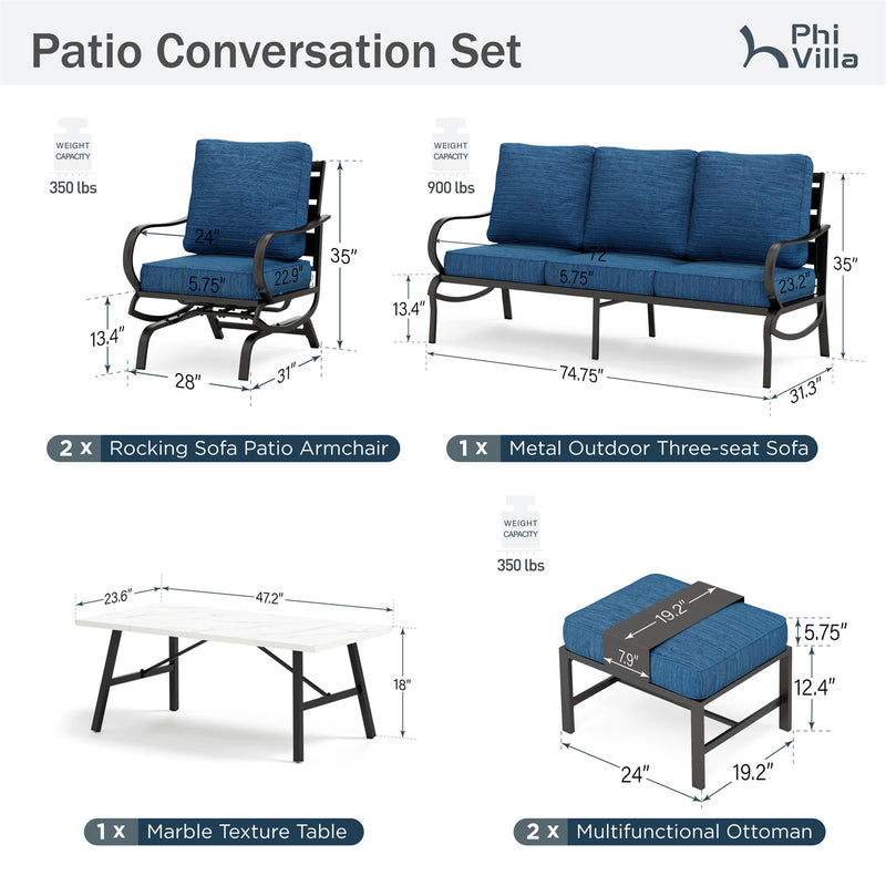 Phi Villa 7-Seater Patio Steel Conversation Sofa Set With Coffee Table & Ottomans