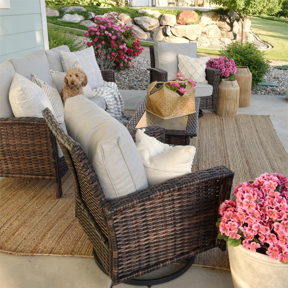 5-Seater Garden Vintage Swivel Rattan Sofa Sets with Wicker Table