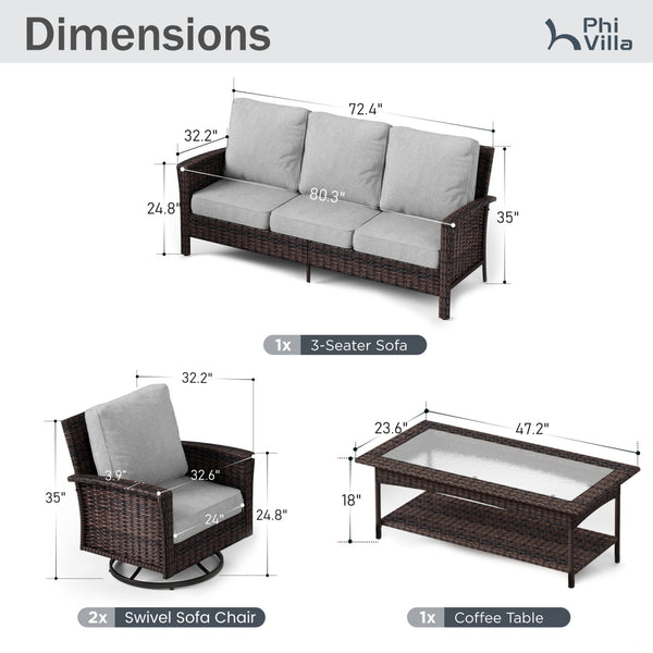 5-Seater Garden Vintage Swivel Rattan Sofa Sets with Wicker Table