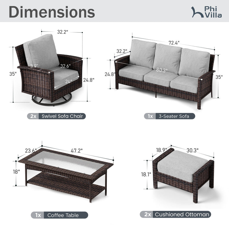 Phi Villa Outdoor Rattan Furniture Wicker 7-Seater Patio Swivel Sofa Sets with Coffee Table