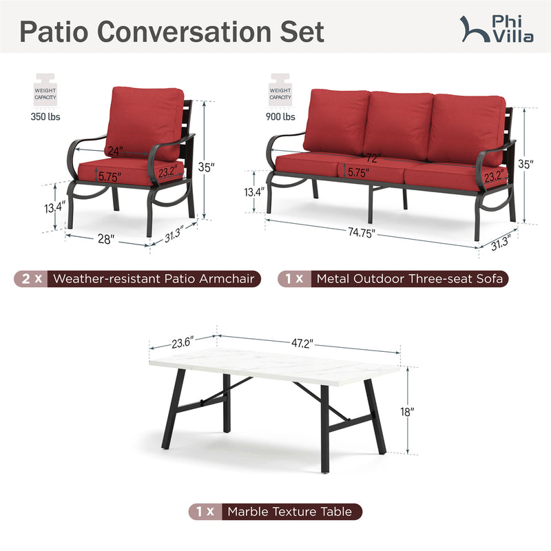 Phi Villa 5-Seater Patio Steel Sofa Set With Cushions & Coffee Table