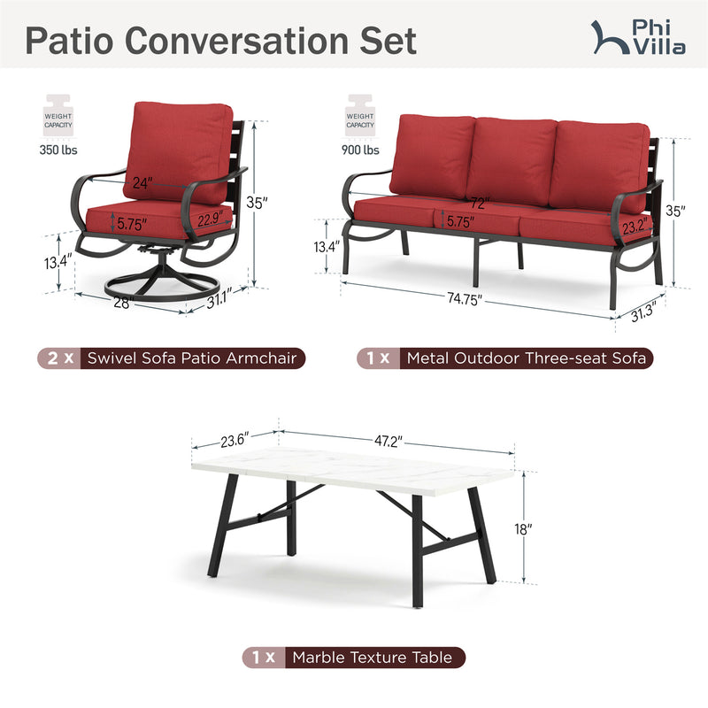 Phi Villa 5-Seater Patio Steel Sofa Set With Cushions & Coffee Table