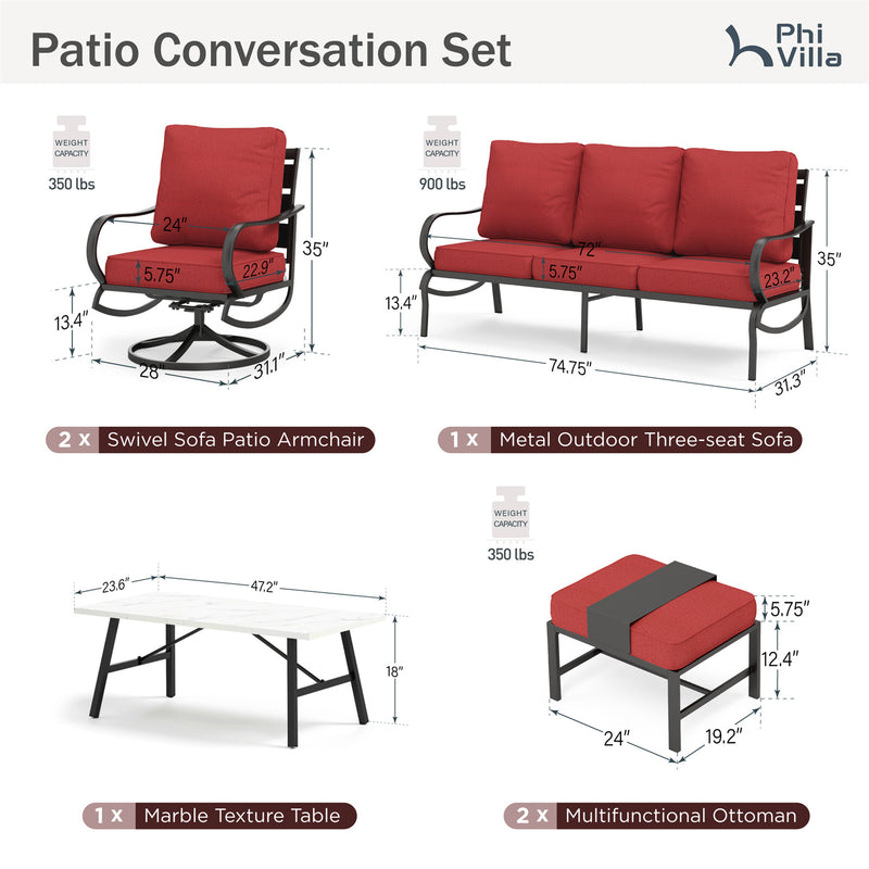Phi Villa 7-Seater Patio Steel Conversation Sofa Set With Coffee Table & Ottomans