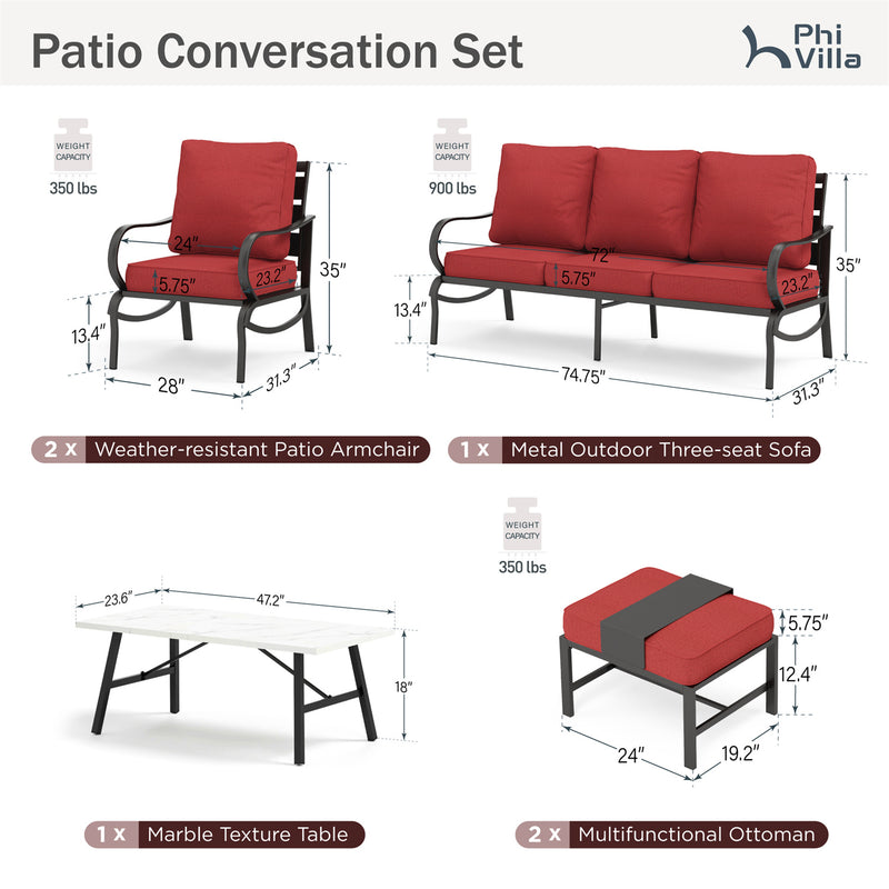 Phi Villa 7-Seater Patio Steel Conversation Sofa Set With Coffee Table & Ottomans