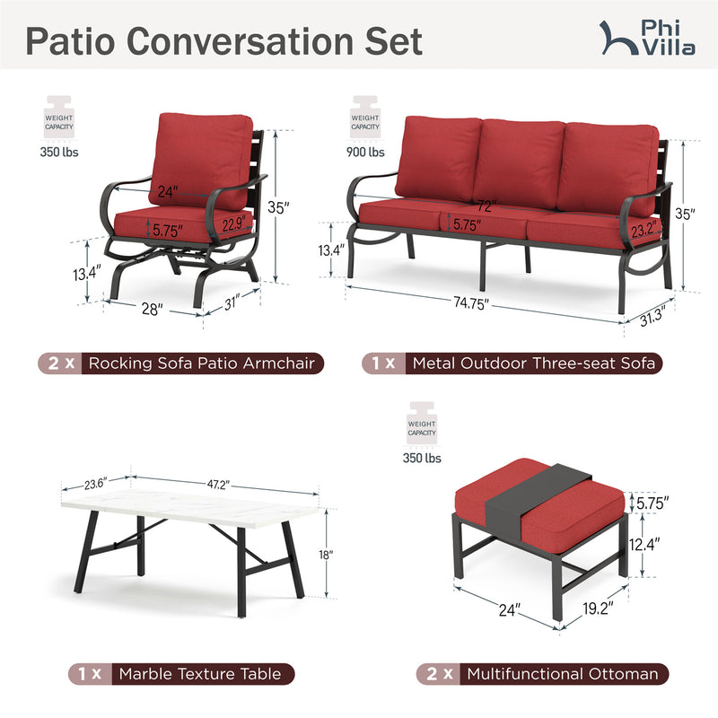 Phi Villa 7-Seater Patio Steel Conversation Sofa Set With Coffee Table & Ottomans