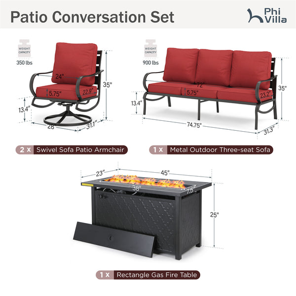 5-Seater Patio Metal Wave Sofa Set with Fire Pit Table